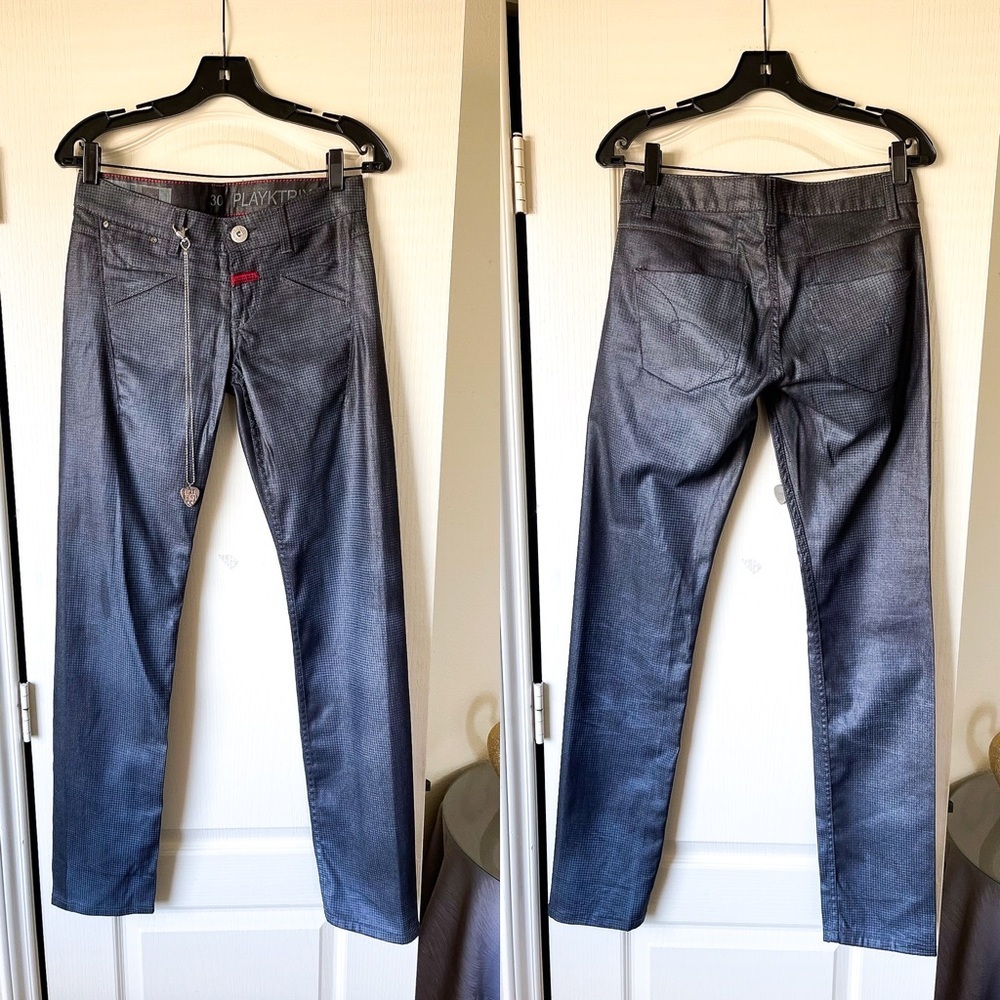 Marithé Girbaud Playktrix Waxed Check Pants Slim Navy Gray 30 EUC